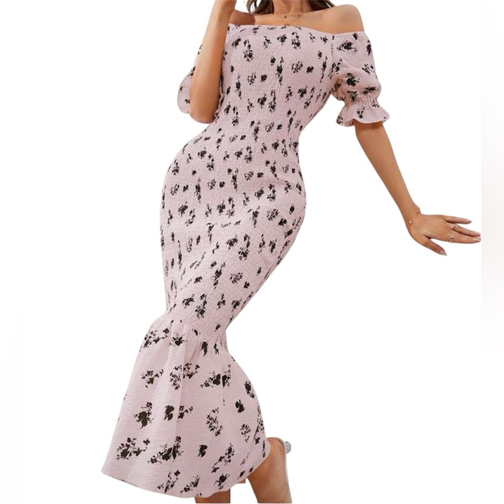 SHEIN Pink Floral Puff Sleeve Mermaid Dress